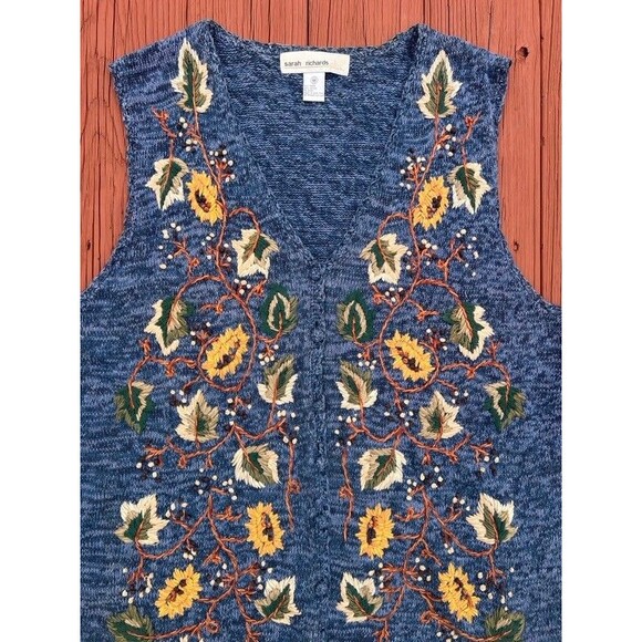 Vintage Embroidered Sunflower Autumn Fall Leaves Cardigan Sweater Vest Size 22W - Picture 2 of 6